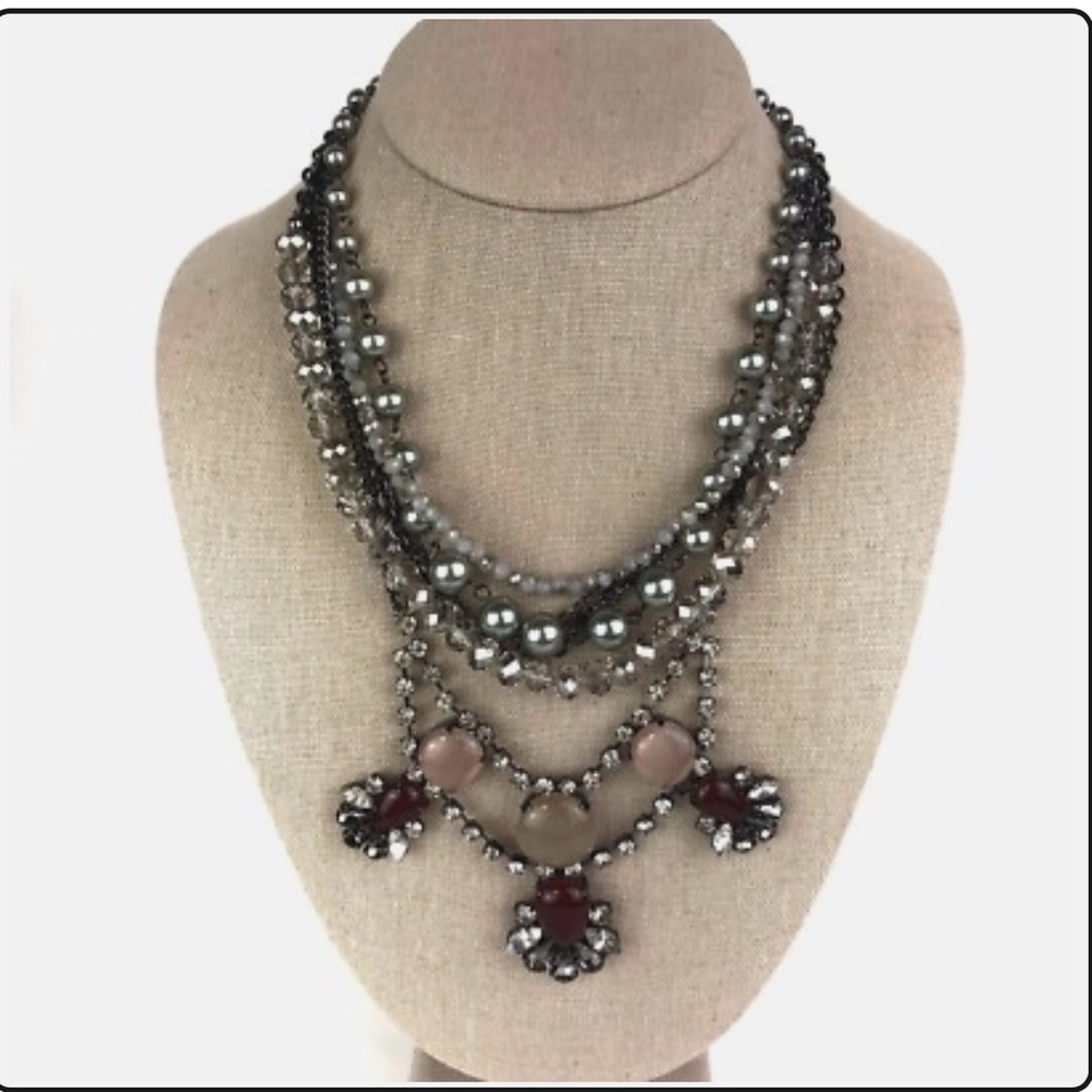 Loft Statement Multi Strand Necklace Silver-Tone Burgundy Pink Rhinestones
